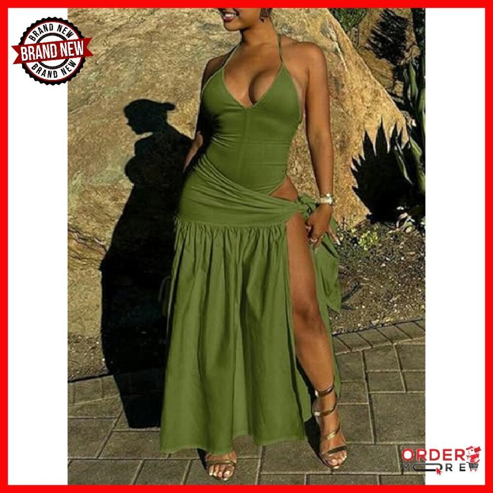 Sexy Halter Backless Bodysuit Wrap Maxi Skirt Two Piece Set - Picture 3 of 8